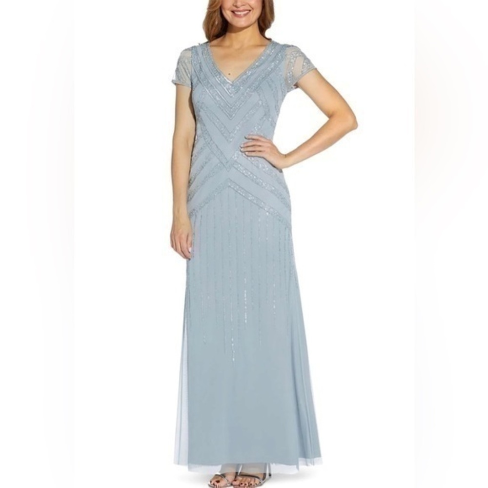 Adrianna Papell Mesh Long Evening Dress Blue